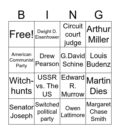 McCarthyism Bingo Card