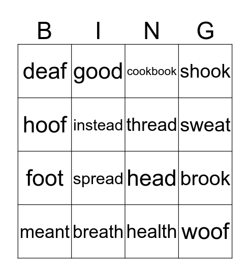 Short Vowel oo, ea Bingo Card