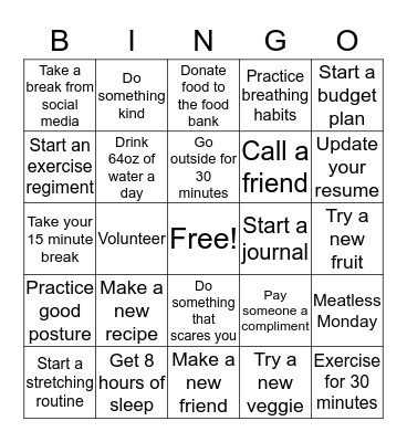 Wellbeing Bingo Card