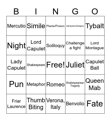 Romeo and Juliet Bingo Card