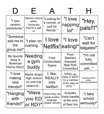Class of 2022 Facebook Group Bingo Card