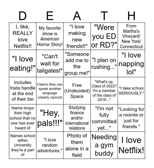 Class of 2022 Facebook Group Bingo Card