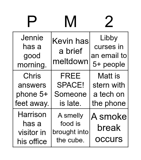 PM Team 2 Bingo Card