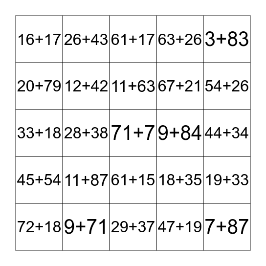 Tens and Units Addition Bingo Card