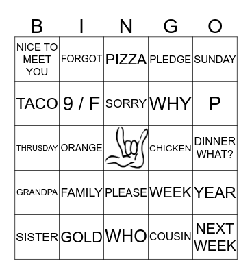 ASE Sign Languare Bingo Card