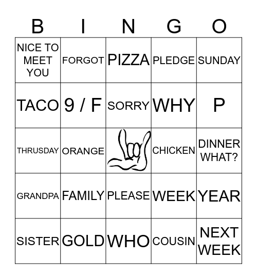 ASE Sign Languare Bingo Card