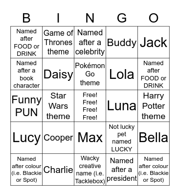 Pet Name Bingo Card