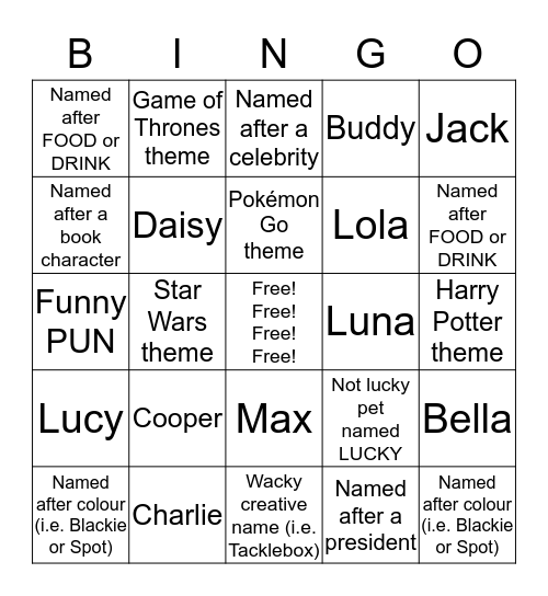 Pet Name Bingo Card