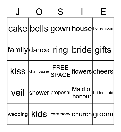 Josie's Bridal Bingo Card