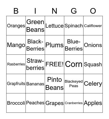Fruits and Veggies Bingo Card