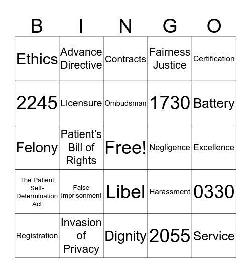 PHS Legal and Ethics Bingo Card