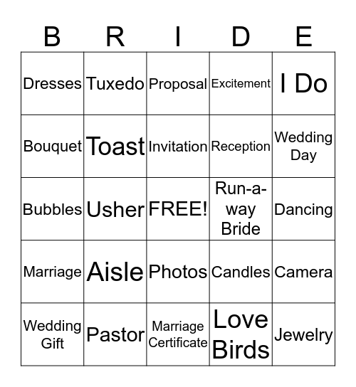 Bridal Bingo Card