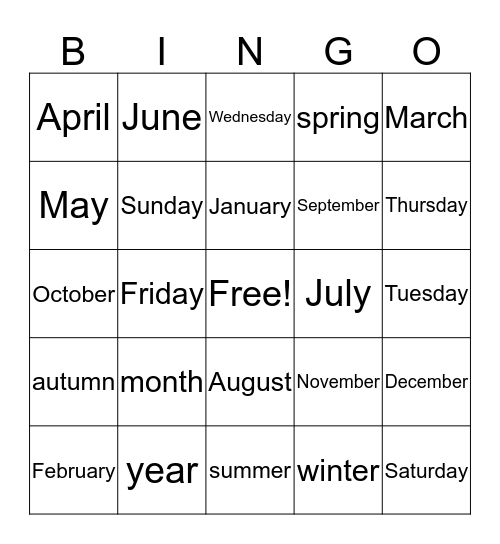 MONTHS Bingo Card