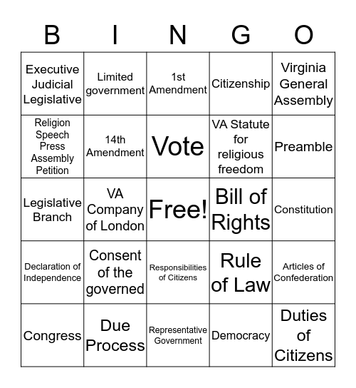 Civics Bingo (SOLS 1-5) Bingo Card