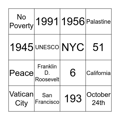 United Nations Bingo Card