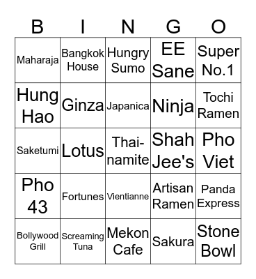 Asian Restaurant Bingo Card