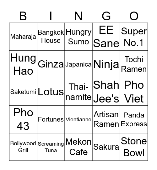 Asian Restaurant Bingo Card