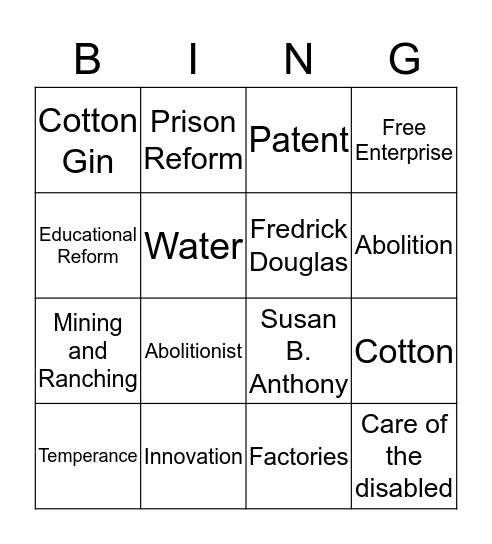 Industrialization and Reform Bingo Card