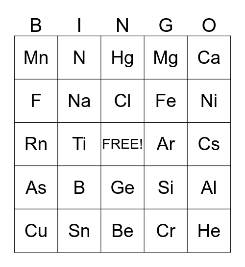 Periodic Table Bingo Card