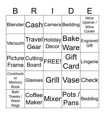 Bridal Shower Gift BINGO Card
