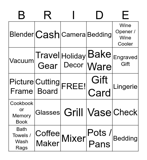 Bridal Shower Gift BINGO Card