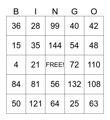 Multiplication Facts Review Bingo Card