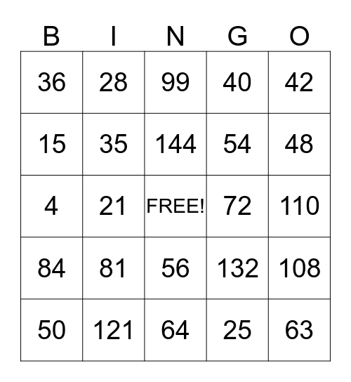 Multiplication Facts Review Bingo Card