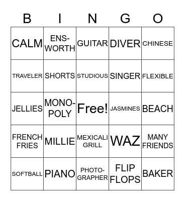 Ella's 14th Birthday Bingo Card