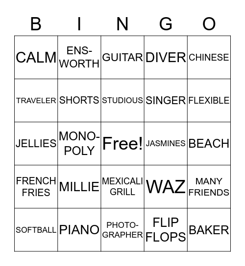 Ella's 14th Birthday Bingo Card