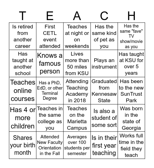 Teaching Academy Bingo Card