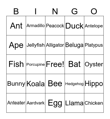 Baby Animals Bingo Card