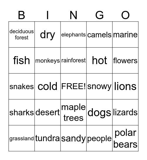 Biomes Bingo Card