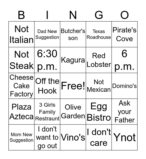 Friday Night Food Fight Bingo Card