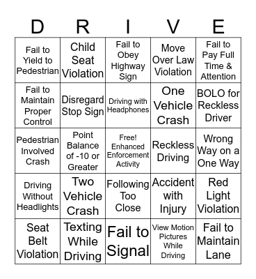Distracted Driving Awareness Bingo Card