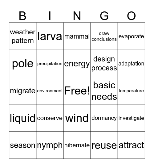 Vocabulary BINGO Card