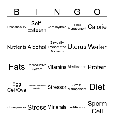 Health Vocabulary Bingo Card