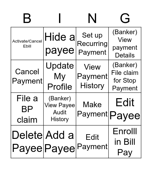 Bill Pay Dimi Bingo Card