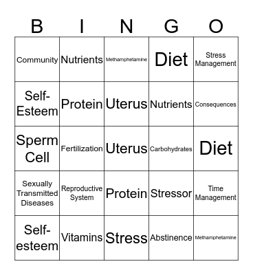 Health Vocabulary Bingo Card