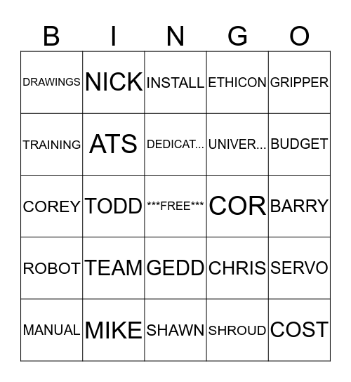 J&J Ethicon Bingo Card