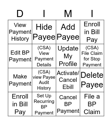 Bill Pay Bingo Card