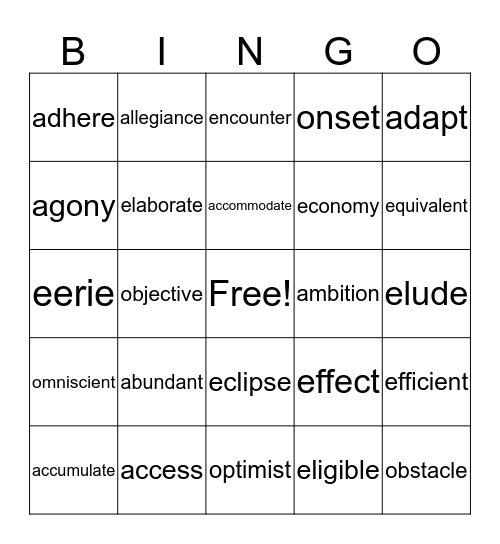 ISEE wordlist 6 Bingo Card