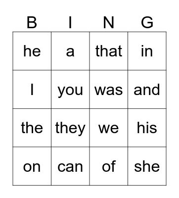 Sight Words Bingo Card