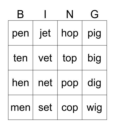 Word Family Bingo Card