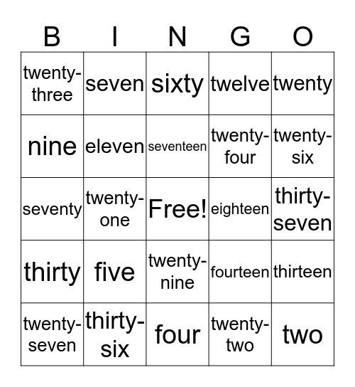 HFF Numbers Bingo Card