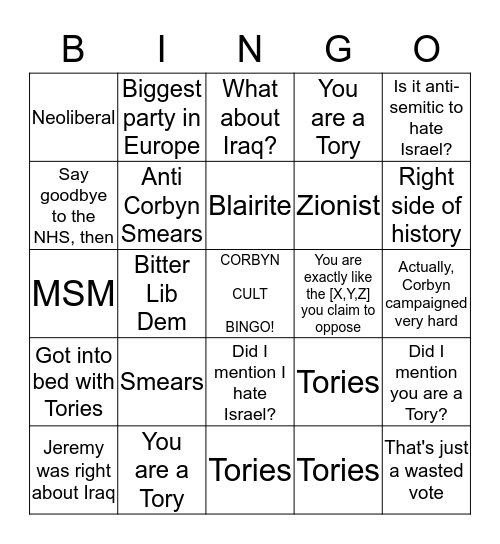 CORBYN CULT BINGO! Bingo Card