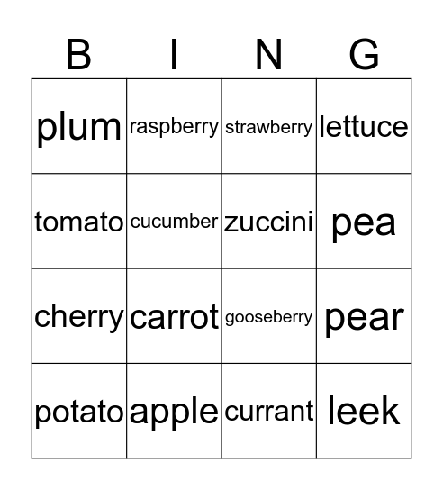 fruit and vegetables Bingo Card