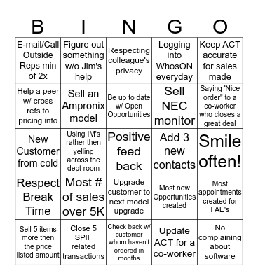 Sales Personal  Bingo Card