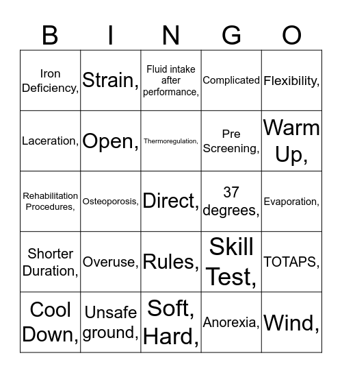 Sports Medicine Bingo Card