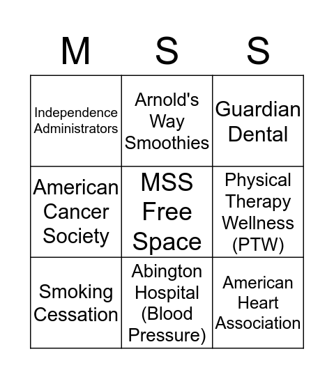 MSS Health Fair Bingo Card