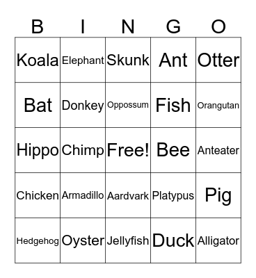 Baby Animal Bingo Card